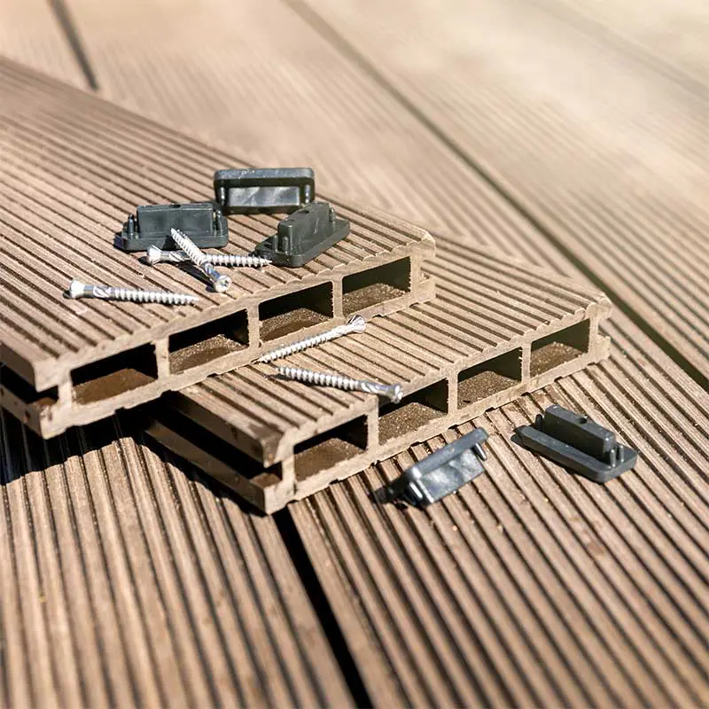 Composite decking boards and hardware.